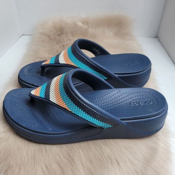 Crocs Monterey Beaded Multicolor Women's Stripe Wedge Flip Flop Sandals - Picture 3 of 6